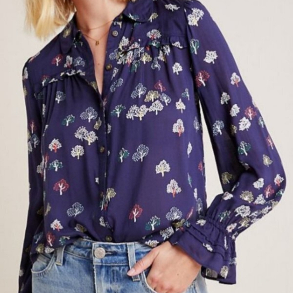 Anthropologie Navy Floral Tree-Print Button-Up Blouse